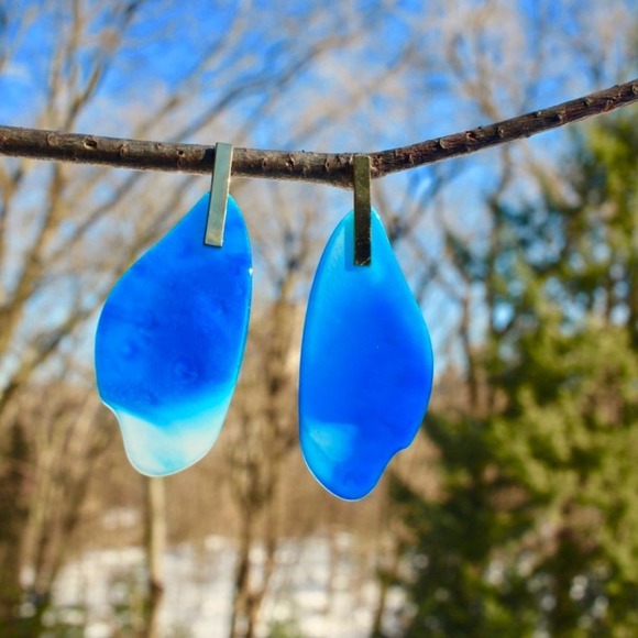 18K Gold Blue Ocean Drop Dangle Teardrop Earrings - Picture 1 of 7